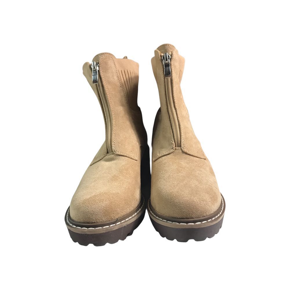 Suede Front-Zip Ankle Booties in Tan